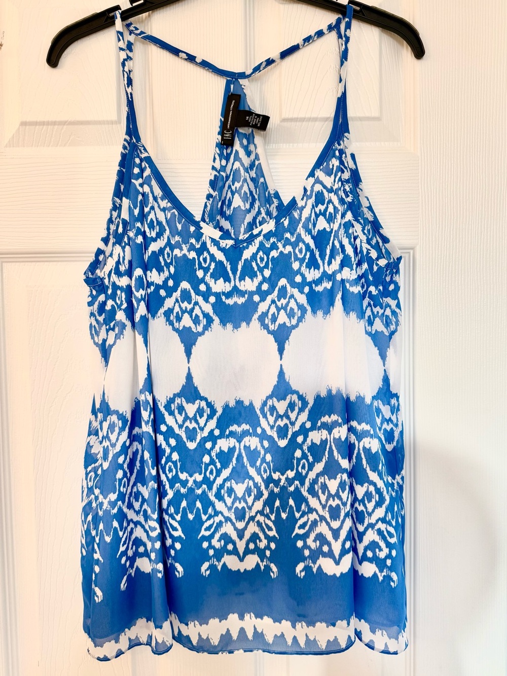 INC International Concepts Blue and White Cold-Shoulder Print Tank